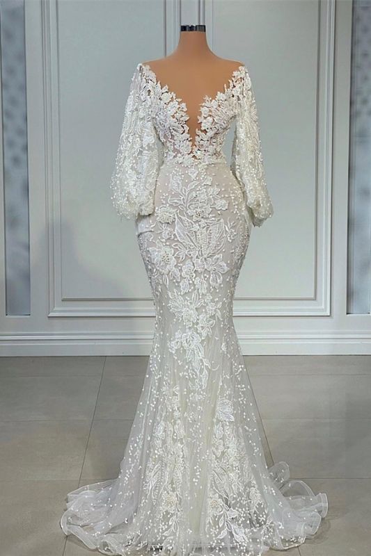 Long Sleeves Lace Appliques V-neck Mermaid Wedding Dress