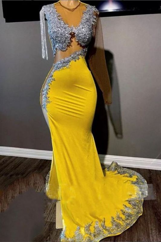 Yellow Tassel Floor Length Long Sleeves Mermaid Prom Dress with Glitter Beadings