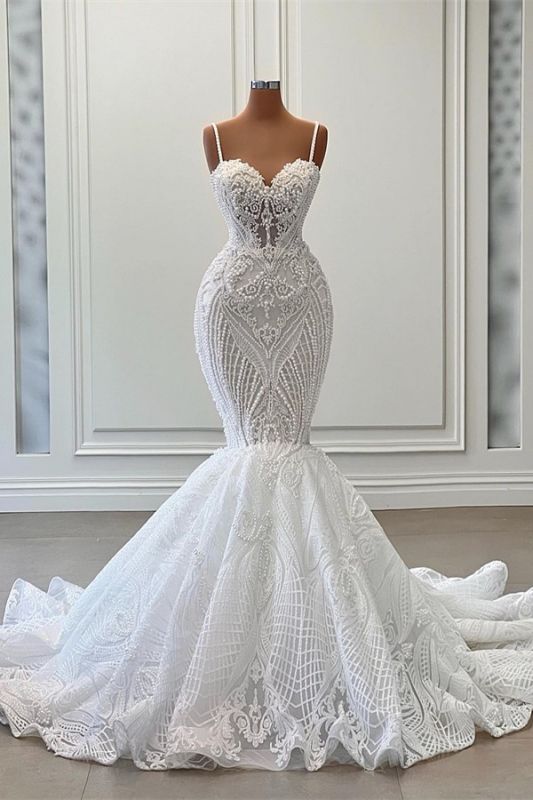 Robe de mariée sirène en dentelle florale blanche chérie avec bretelles spaghetti