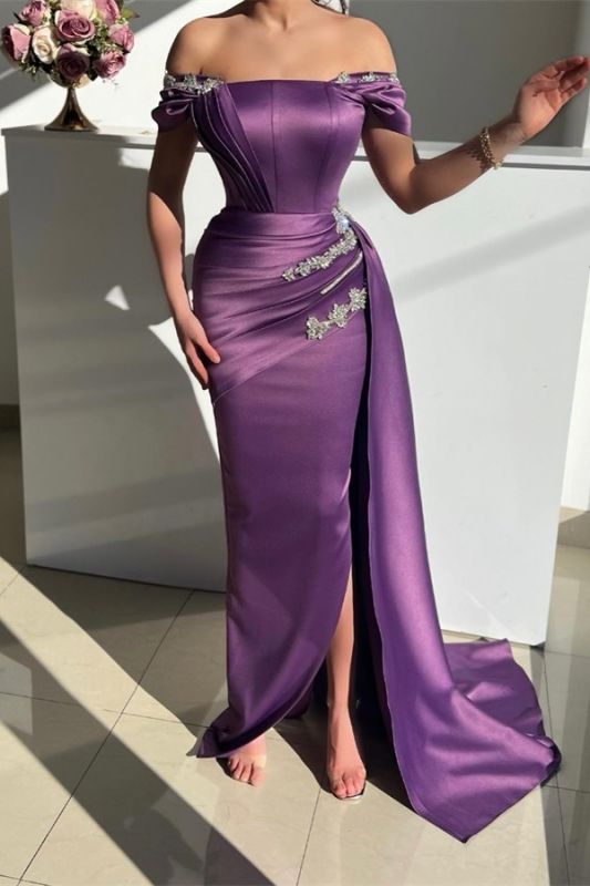 Élégante robe de bal sirène en satin froncé violet à épaules dénudées