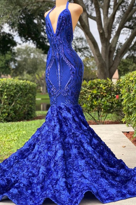 Stunning Halter Royal Blue Mermaid Prom Dress Backless Slim Party Dress