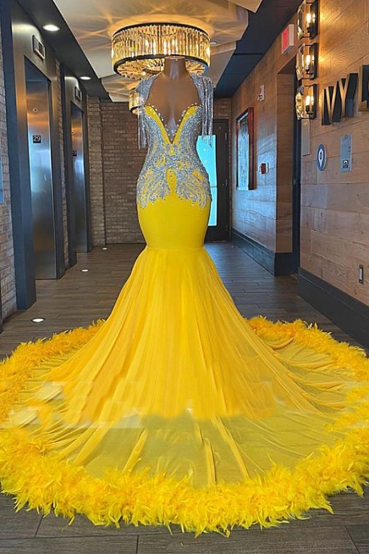 Luxury Yellow Mermaid Prom Dress Glitter Beadings Tassels Party Dress with Fur