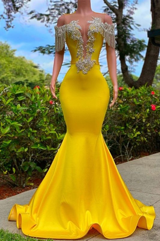 Luxury Deep V-neck Tassels Long Mermaid Prom Dress Satin Special Occasion Dress