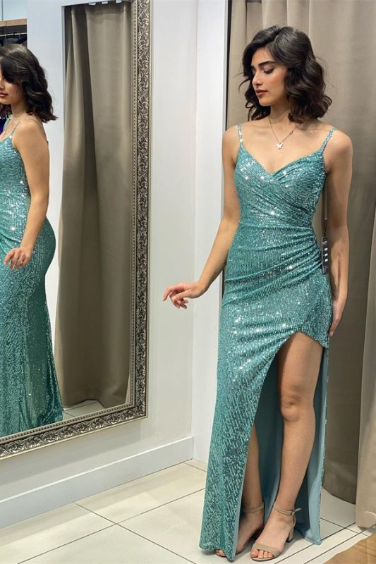 Sexy Glitter Sequins Prom Dress Spaghetti Straps Side Split Ruched Party wear Dress