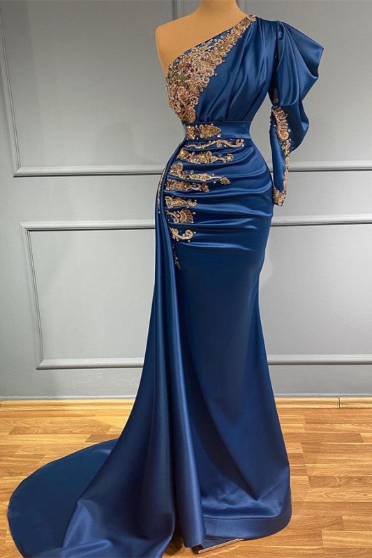 Navy Blue Long Mermaid One Shoulder Satin Appliques Prom Dress with Sleeves