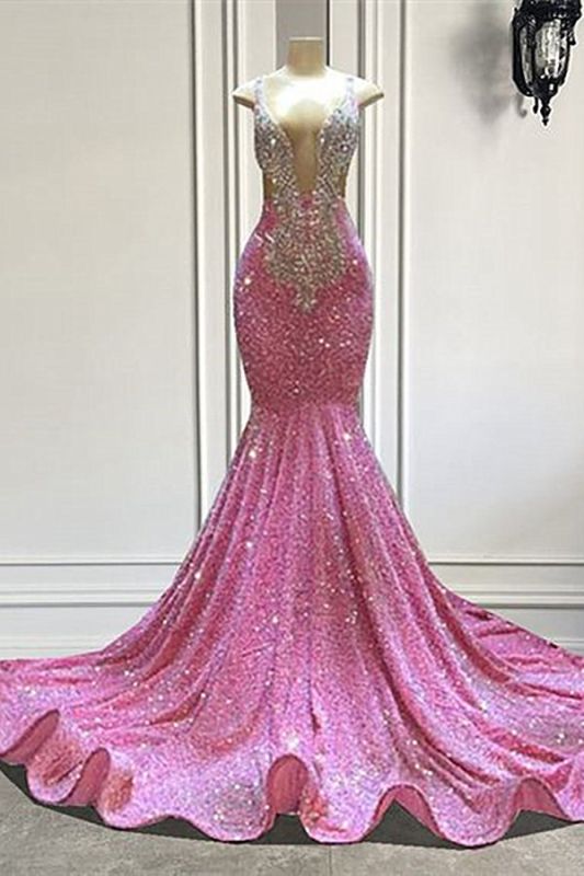 Glamorous Sparkly Sequins Deep V-Neck Sleeveles Stretch Satin Mermaid Prom Dress