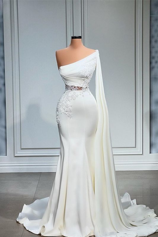Elegant White Long Sleeves Mermaid Evening Dress One Shoulder with Lace Appliques