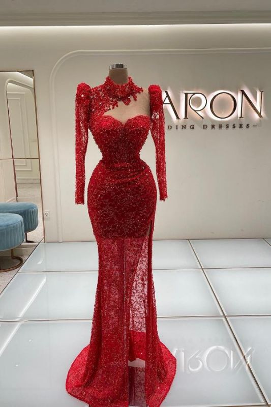 Luxurious Red Long Sleeves Pearls Mermaid Prom Dress High Neck Sequins Party Dress