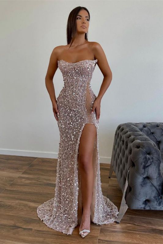 Sexy Strapless Sequins Shinny Long Prom Dress High Split