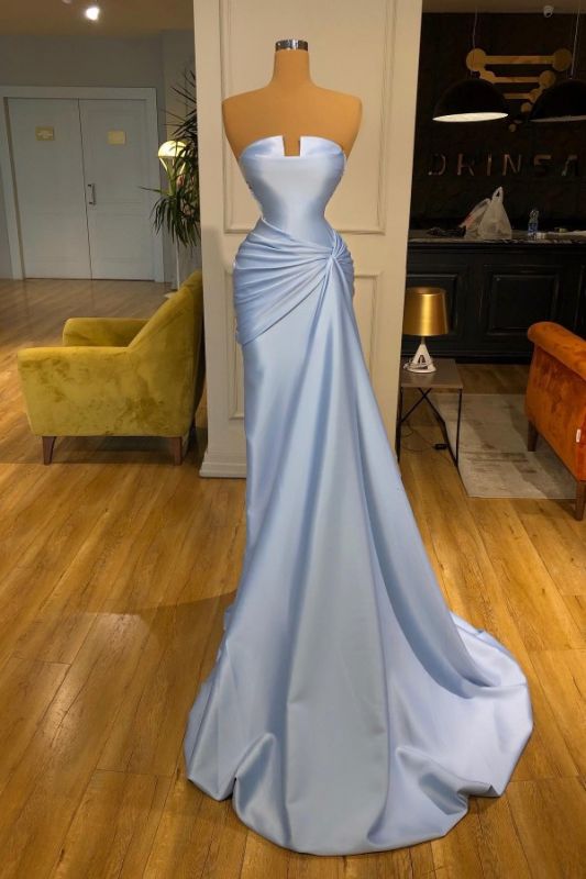 Strapless Ruched Satin Long Prom Dress with Side Sweep Train ...