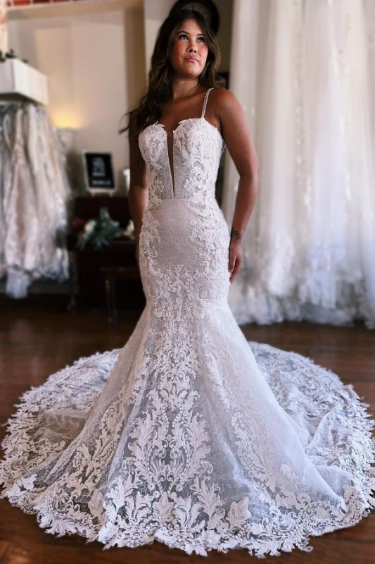 Elegant White Deep V-Neck Lace A-line Wedding Dress Sleeveless Tulle Bridal Dress