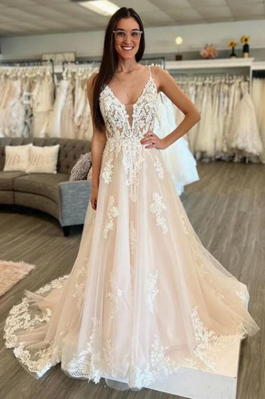 Robe de mariée romantique A-ligne Robe de mariée sans manches en dentelle florale à col en V