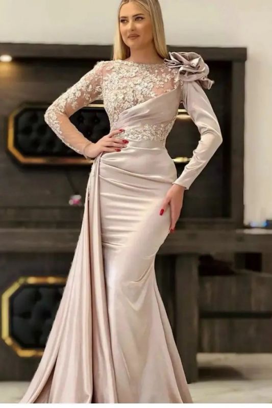 Charming Long Sleeves Mermaid Evening Gown 3D Flower Satin Prom Dress