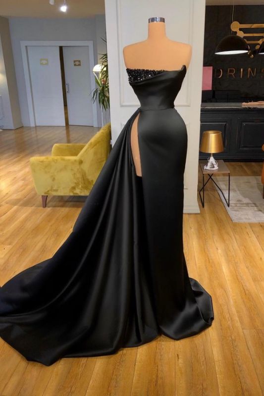 Charming Black Satin Evening Gown Strapless Sequins Long Side Slit Prom Dress for Women