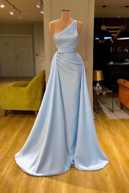 Amazing One Shoulder Satin Long Evening Dress with Sweep Train