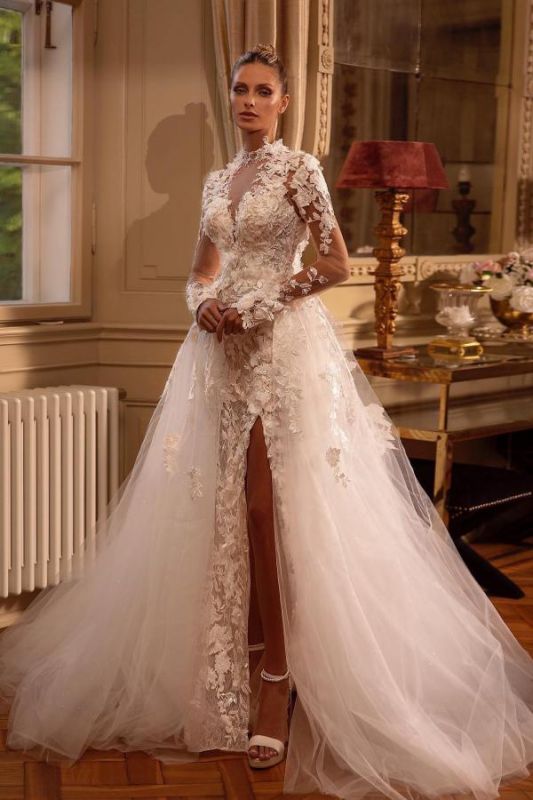 Long Sleeves White Lace Long Wedding Dress KeyHole Back Side Split with Detachable Sweep Train