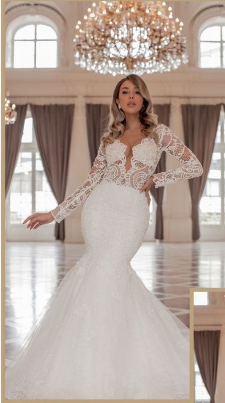 Stunning Long Sleeves Mermaid Bridal Gown Tulle Lace Appliques Wedding Dress