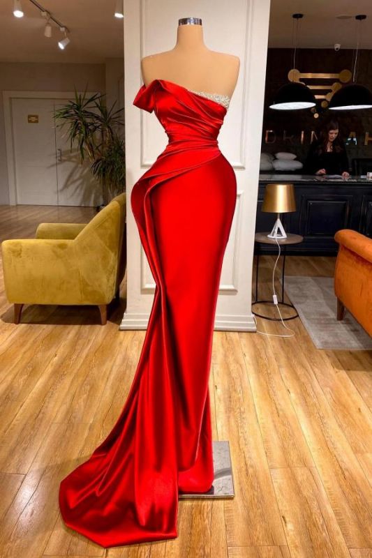 Charming Red Glitter Beadings Long Mermaid Prom Dress Satin Evening Dress