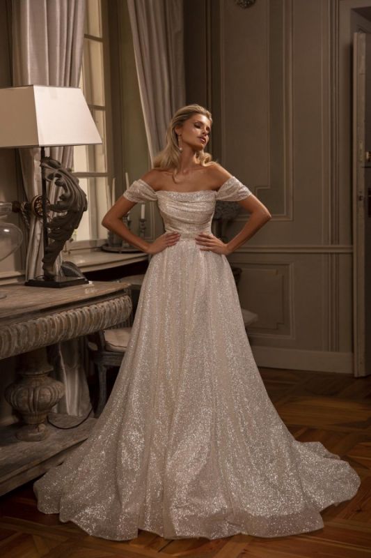 Glitter Off Shoulder A-line Wedding Dress Backless Long Bridal Dress