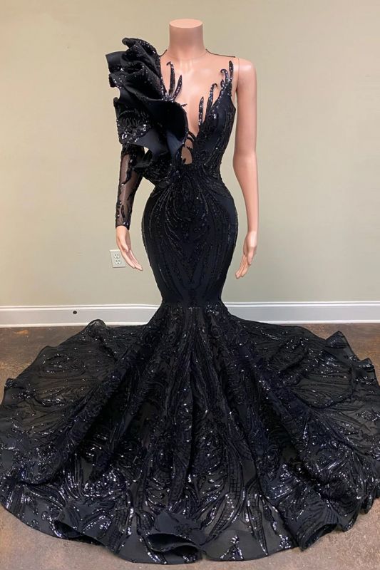 Charming Black Glitter Mermaid Prom Dress One Shoulder Long Party Gown