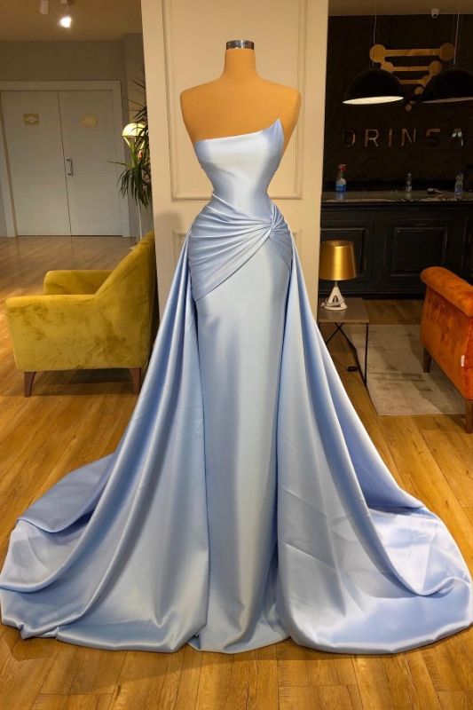 Charming Sky Blue Long Mermaid Prom Dress Strapless Ruched Satin Evening Party Dress with Sweep Train