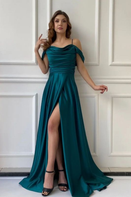 Charming Ruched Satin Long Evening Dress Off Shoulder with Straps Side Slit Special Ocaasion Dress