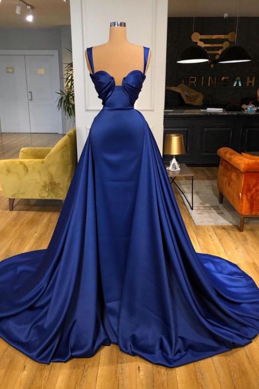 Luxury Royal Blue Square Neck Mermaid Prom Dress with Detachable Sweep Train