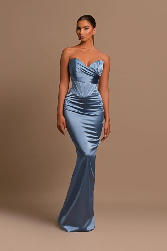 Stunning Sweetheart Satin Mermaid Prom Dress Dusty Blue Strapless Long Evening Party Dress