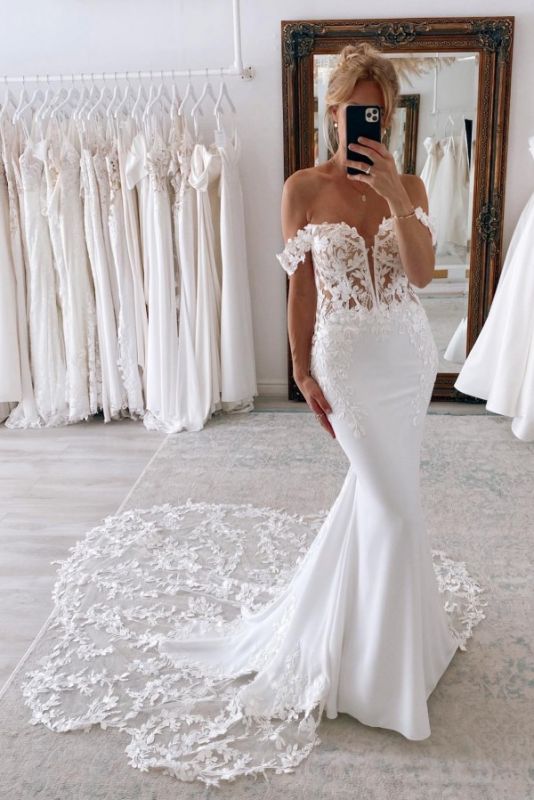 Amazing Off-the-Shoulder Mermaid Wedding Dress with Floral Lace Appliques