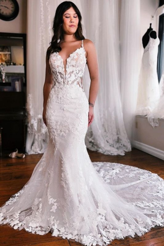 Chic White Floral lace Appliques Mermaid Bridal Gown Deep V-neck Long Wedding Dress