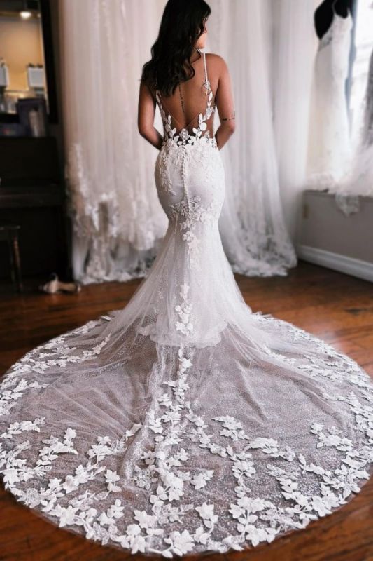 Chic White Floral lace Appliques Mermaid Bridal Gown Deep V-neck Long ...