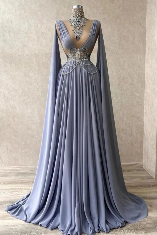 Impresionante vestido de noche largo de satén con cuello en V Listones Cristales Vestido de fiesta con capa