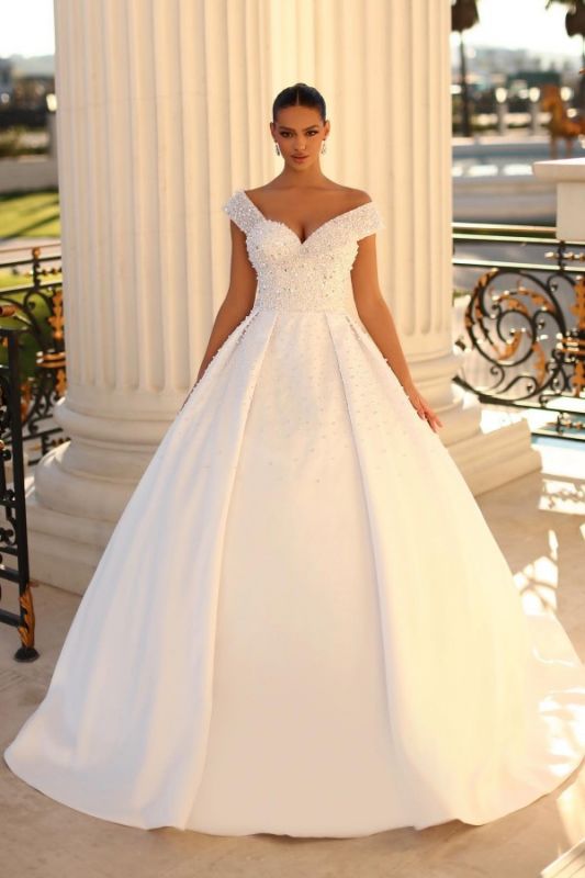 Gorgeous Off-the-Shoulder Glitter Pearls Bridal Gown Sequins A-line Ball Gown