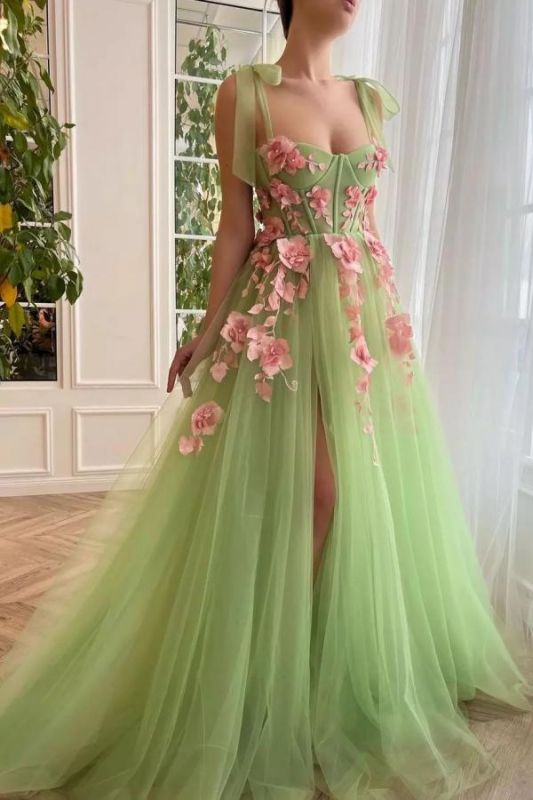 Elegante vestido formal con abertura lateral de tul Aline con flores en 3D Vestido largo de fiesta de noche con cuello cuadrado