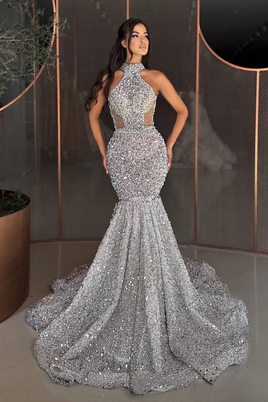 Sexy Glitzer-Pailletten-Meerjungfrau-Abschlussballkleid, Neckholder, langes Partykleid für Mädchen