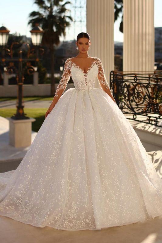 Magnifique robe de mariée A-ligne à manches longues Robe de mariée à encolure en V profonde scintillante