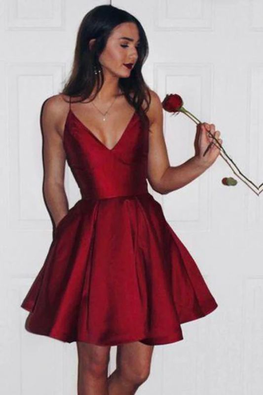 Burgundy Short Homecoming Dress Simple Spaghetti Straps Party Dress