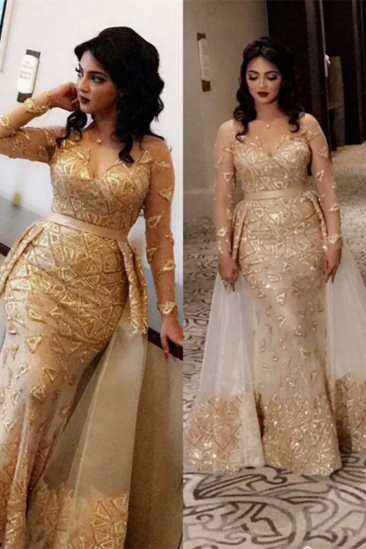 Stunning V-Neck Long Sleeves Mermaid Prom Dress Glitter Gold Appliques Evening Party Dress