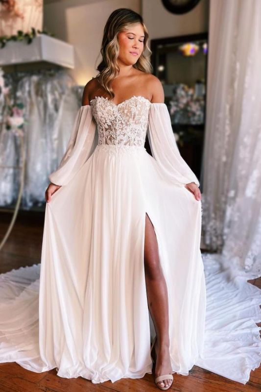Elegante vestido de novia de playa de gasa de encaje con hombros descubiertos y abertura frontal