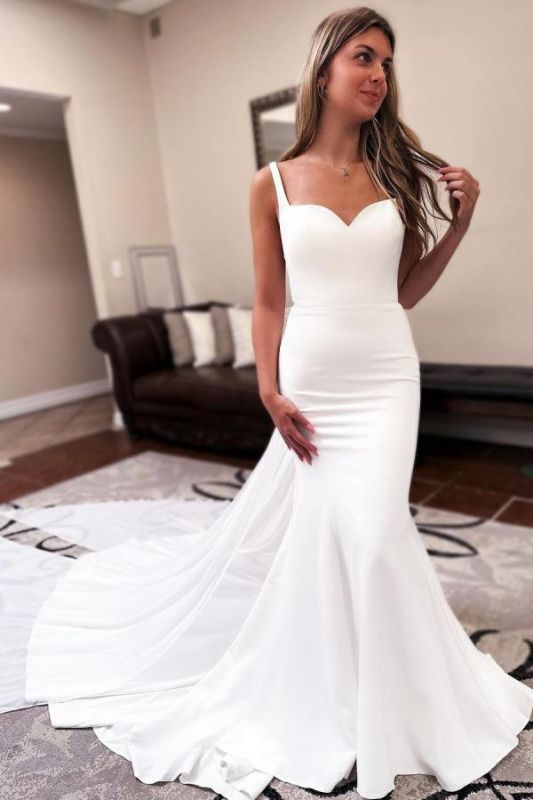 Simple White Slim Mermaid Wedding Dress with Straps | Newarrivaldress.com