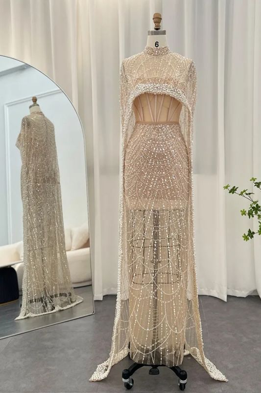 Luxuriöses langes Abendkleid im Meerjungfrau-Stil mit glänzenden Pailletten und Cape-Partykleid für die Hochzeit