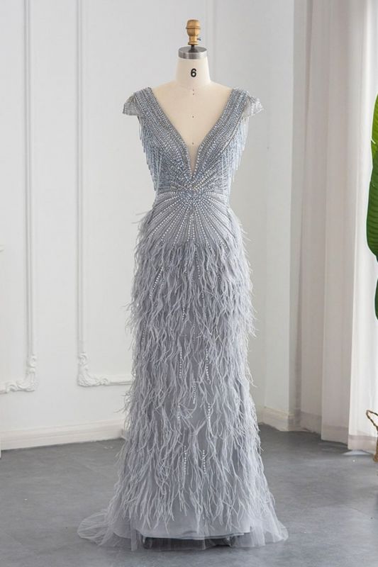 Stylish V-Neck Cap Sleeves Mermaid Evening Dress Sequins Fur Prom Dress