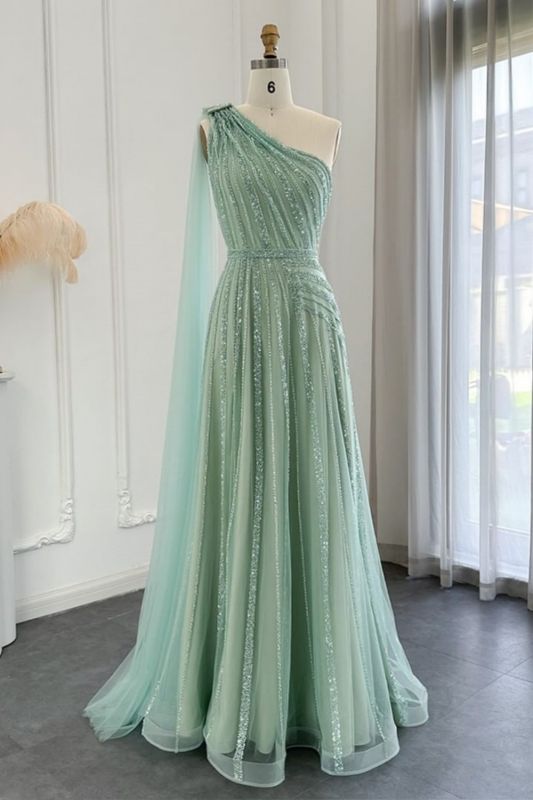 One Shoulder Shinny Beadings Long Evening Dresses Sequins Party Dress