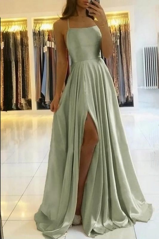 Charming Spaghetti Straps Satin Maxi Evening Dress with Side Slit  Sleeveless Gown