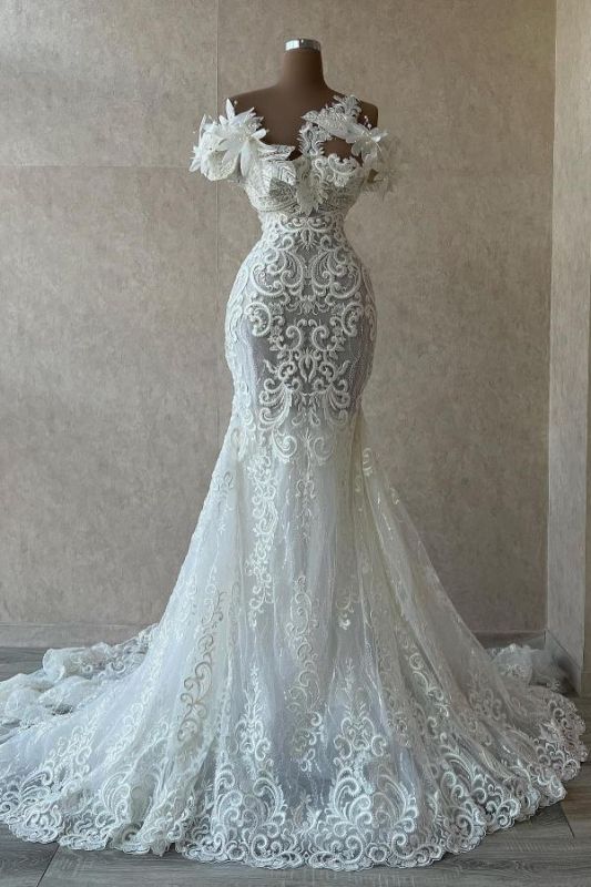 Schulterfreie Brautkleider im Meerjungfrau-Stil aus weißer Spitze mit Blumen