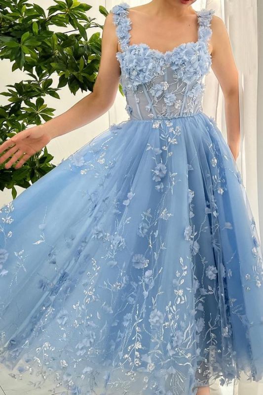 Chic Sweetheart Sky Blue 3D Flowers Tulle A-line Evening Dress Party Wear Dress