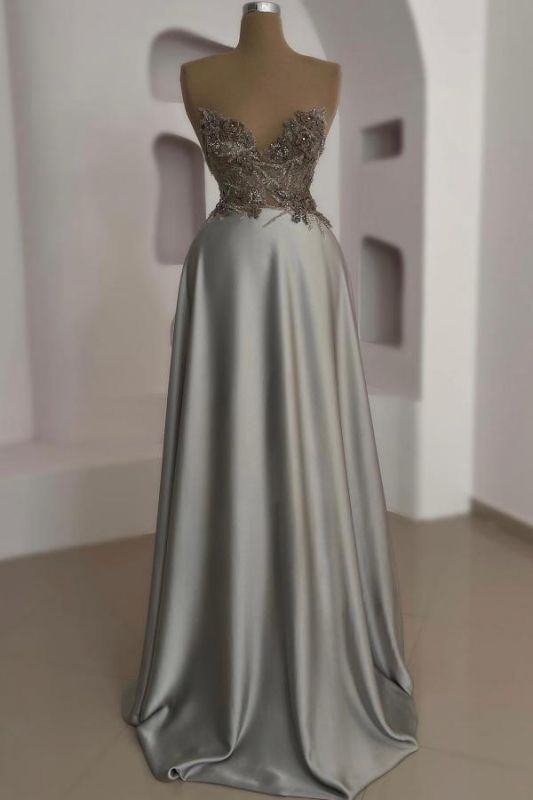 Stunning Sweetheart Silver A-line Evening Dress Sleeveless Satin Flowers Floor Length Formal Dress