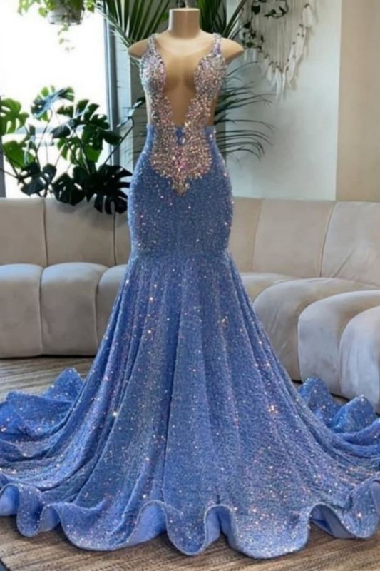 Amazing Sleeveless Glitter Mermaid Prom Dress Gold Crystals Slim Evening Gown