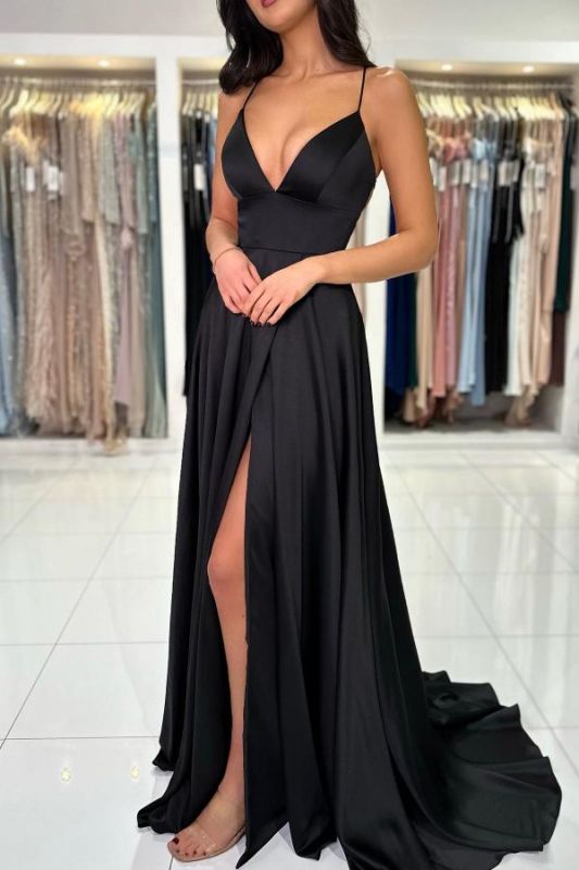 Vestido de noche negro con tirantes finos, vestido formal sencillo de satén con abertura lateral