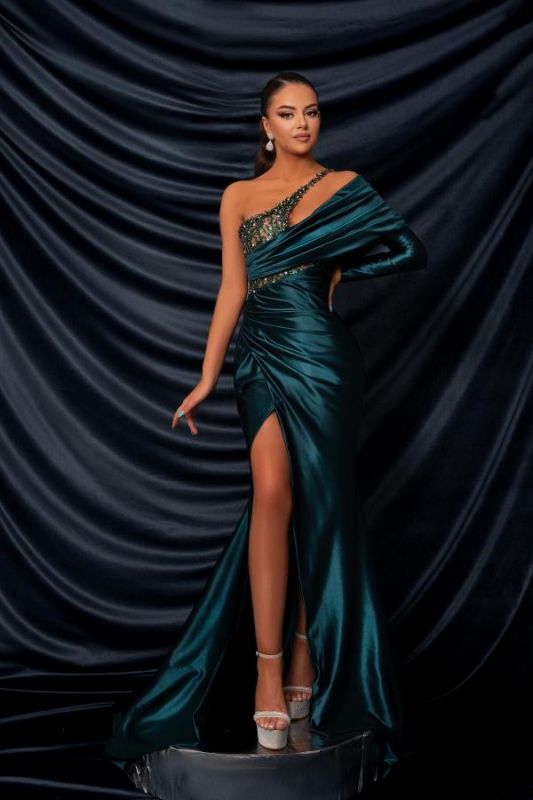 Amazing One Shoulder Side Slit Ruched Satin Evening Dress Glitter Sequins Long Prom Dresses